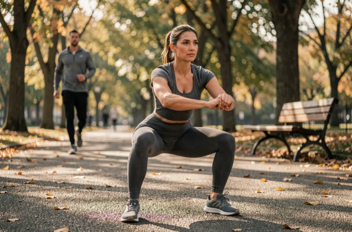 Femme réalisant des squats dans un parc avec une personne marchant en arrière-plan, illustrant la combinaison renforcement musculaire et marche active