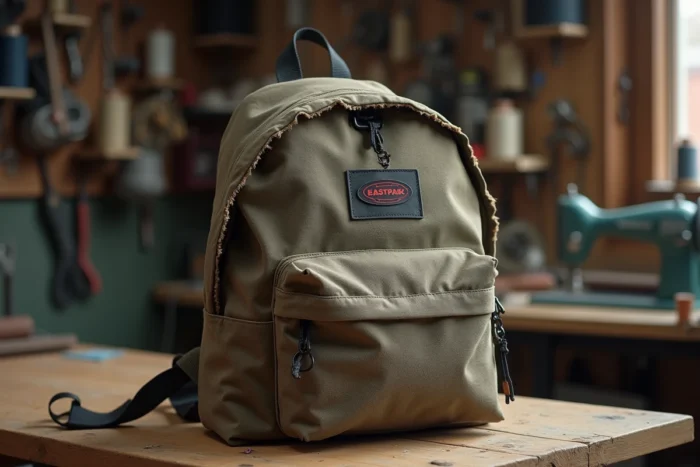 Sac à dos Eastpak usé avec fermeture éclair cassée et tissu effiloché posé sur une table d'atelier de réparation