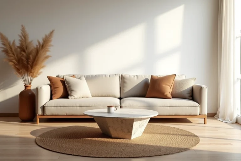Salon moderne aux tendances scandinaves avec canapé en lin, table en travertin et herbes de pampa séchées dans une vase en terre cuite
