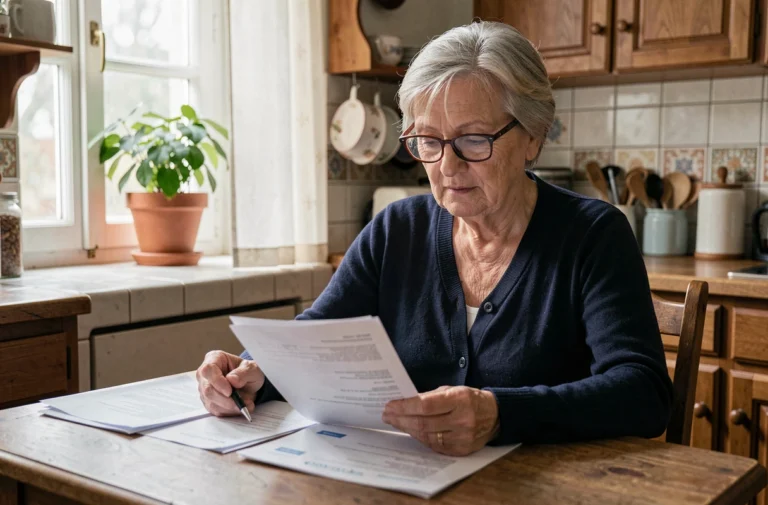 Femme senior consultant sa mutuelle santé Just à domicile, assise à une table en bois avec des documents d'assurance