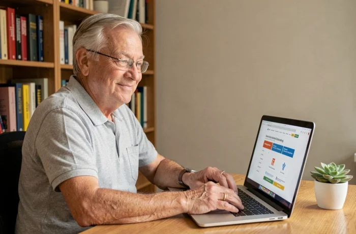 Senior homme comparant des mutuelles santé en ligne sur un ordinateur portable depuis son bureau à domicile