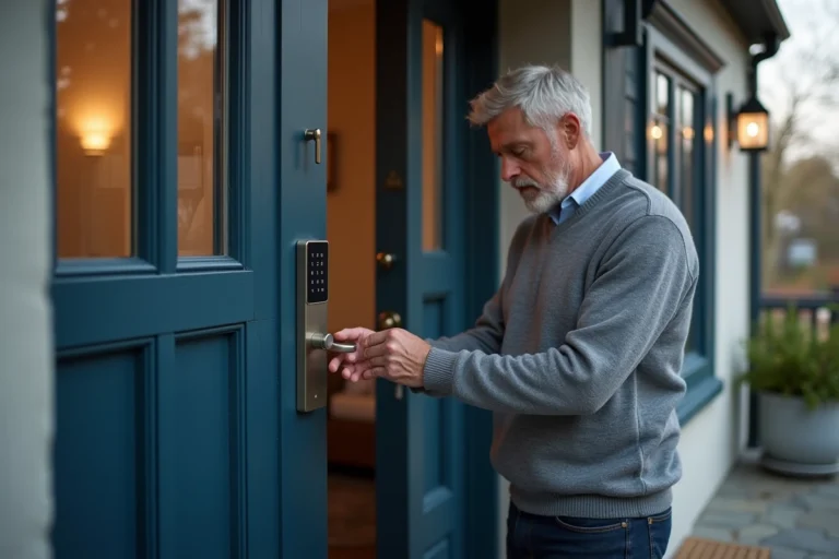 Homme inspectant une serrure connectée sur une porte d'entrée en bois pour sécuriser sa maison contre les intrusions