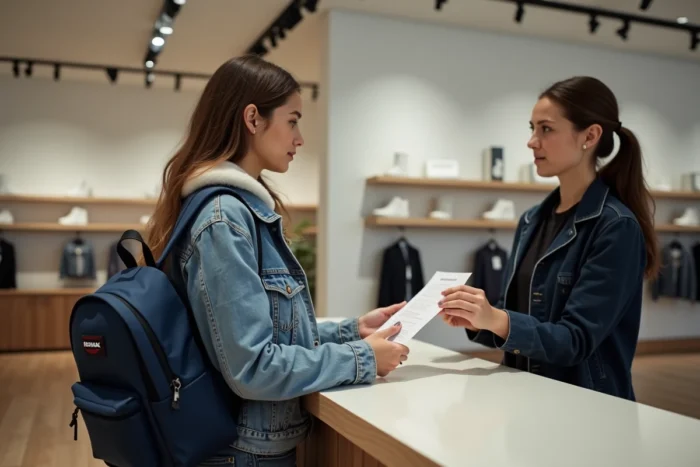 Femme déposant un sac Eastpak abîmé au service après-vente d'un magasin pour faire valoir la garantie à vie