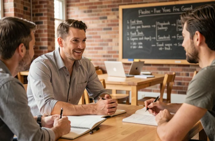 Homme en session de mentorat et coaching leadership dans un espace de coworking moderne