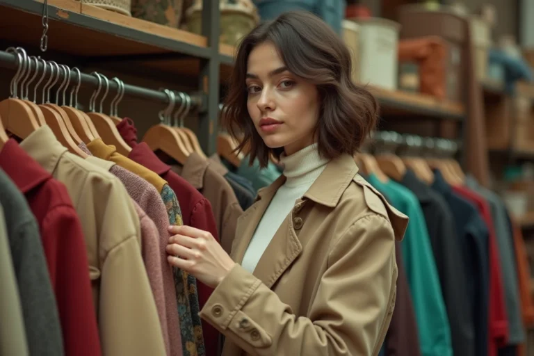 Jeune femme élégante en trench coat beige qui fait du shopping dans une friperie tendance pour trouver des vêtements à petit prix