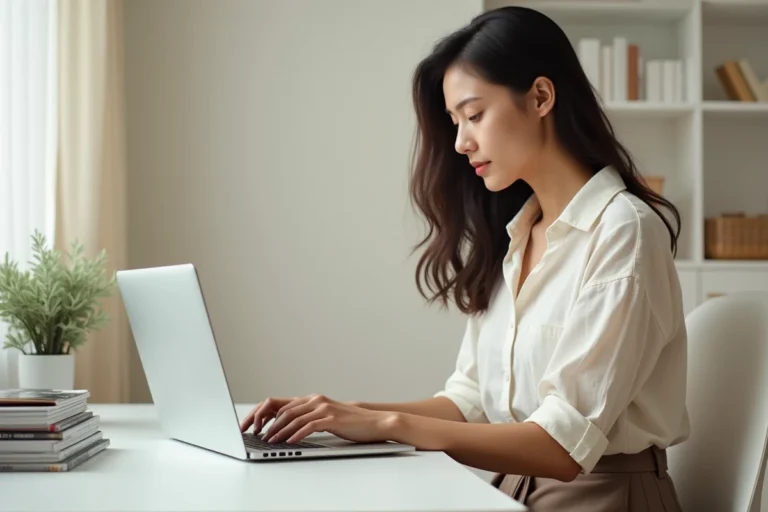 Jeune femme élégante faisant du shopping de mode en ligne sur son ordinateur portable dans un bureau minimaliste moderne
