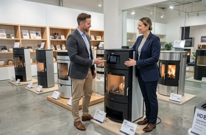 Conseiller en showroom Foyerlumina présentant un poêle à granulés devant plusieurs modèles de cheminées exposés