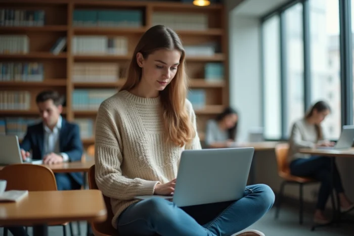 Étudiante ou enseignante configurant sa signature professionnelle sur la messagerie Aix-Marseille dans une bibliothèque