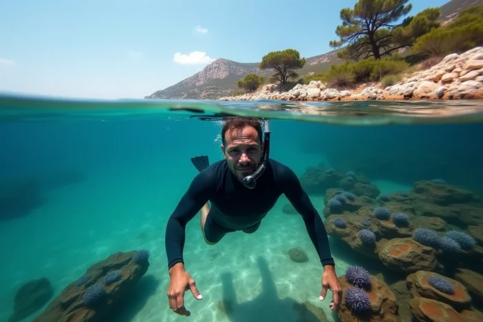 Plongeur en apnée dans les eaux cristallines de la Corse avec herbier de posidonie visible sous la surface