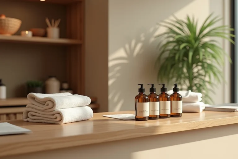 Comptoir de spa wellness avec huiles de massage et serviettes, ambiance zen et minimaliste