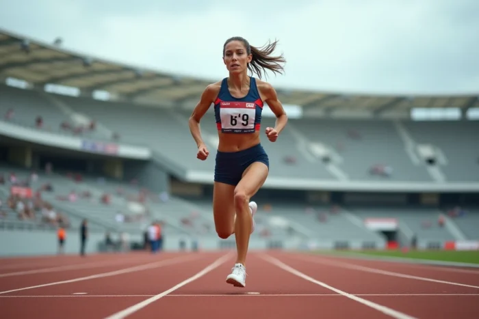 Sprinteuse française en plein effort sur piste d'athlétisme, portrait dynamique de championne du sport français