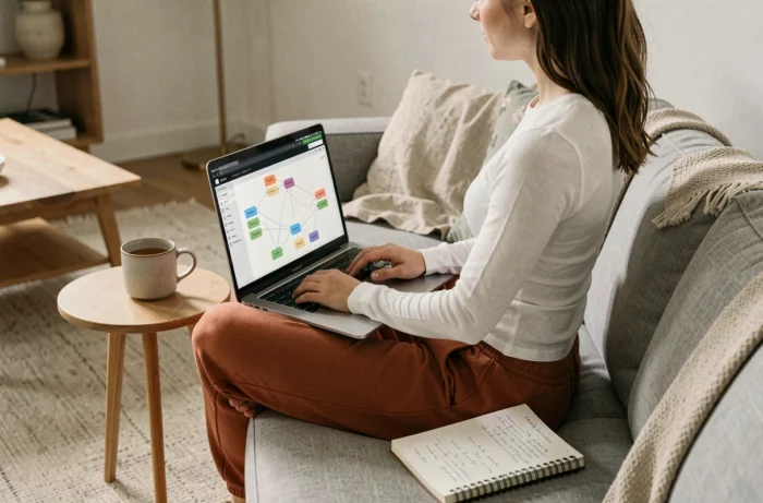 Une jeune femme travaille sur un logiciel de carte mentale pour structurer le plan de site de son blog, installée confortablement dans un salon minimaliste