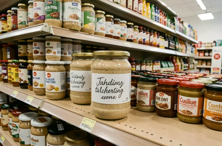 Pot de tahini en verre sur un rayon de supermarché entouré d'autres condiments et purées d'oléagineux