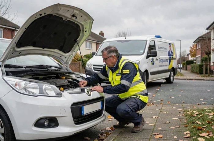 Technicien dépannage auto Groupama intervenant sur une voiture en panne dans une rue résidentielle