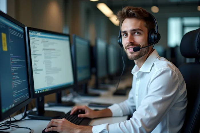 Technicien support informatique aidant un utilisateur à résoudre un problème de connexion RH par téléphone