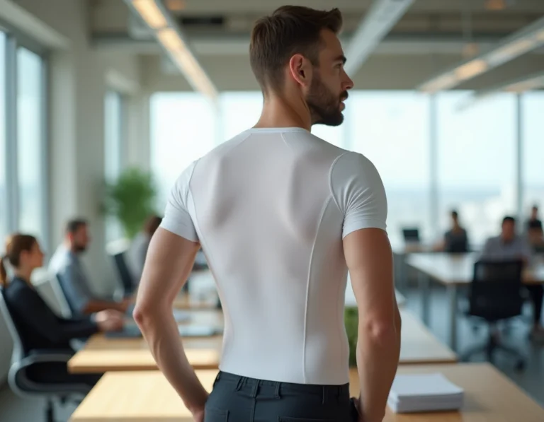 Homme portant le tee-shirt correcteur de posture Percko de Decathlon dans un bureau moderne