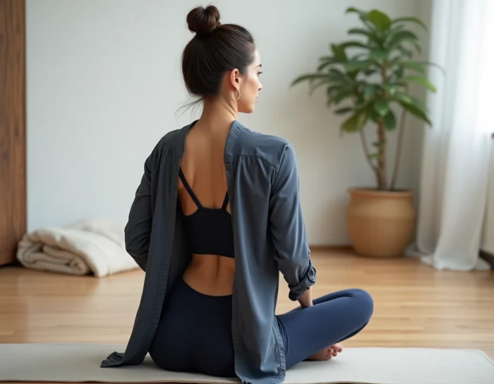 Femme portant le tee-shirt Percko en séance de stretching à domicile
