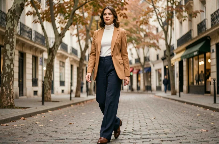 Femme élégante en blazer camel et pantalon large marine marchant dans une rue pavée parisienne, look mode tendance automne
