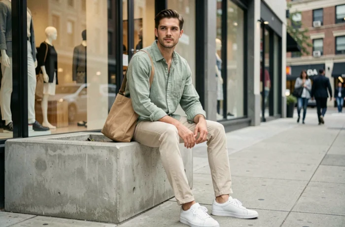 Homme tendance en chemise lin vert sauge et chino écru assis devant une boutique urbaine moderne, style mode casual chic masculin