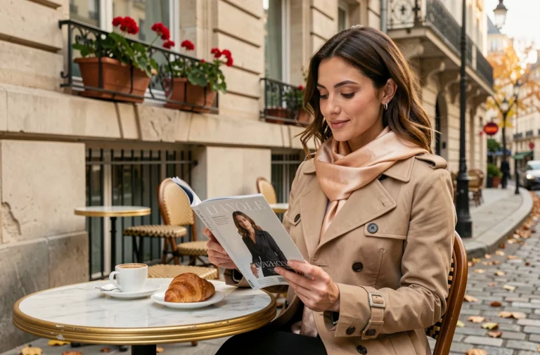 Femme élégante feuilletant un magazine de tendances dans un café parisien en automne