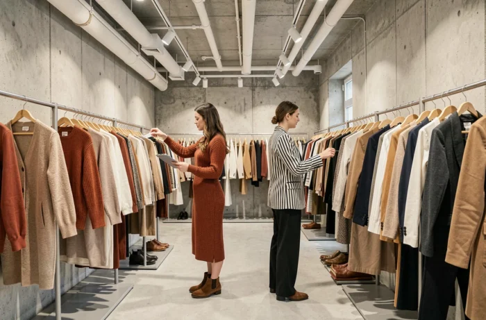 Deux femmes stylées découvrant des vêtements tendance dans une boutique de mode minimaliste au décor béton, shopping mode automne-hiver