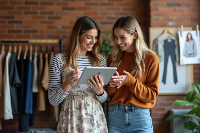 Deux amies comparant des vêtements tendance et faisant du shopping de mode en ligne ensemble dans un appartement cosy