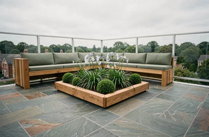 Terrasse extérieure réaménagée par un jardinier décorateur avec ardoise naturelle, banc intégré et massifs d'ornement