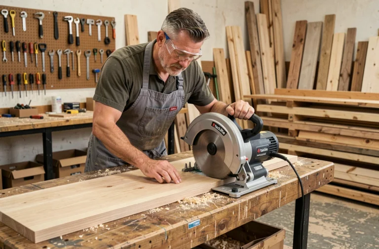 Artisan utilisant une scie circulaire radiale Tacklife PMS03A pour couper une planche en bois dans un atelier professionnel