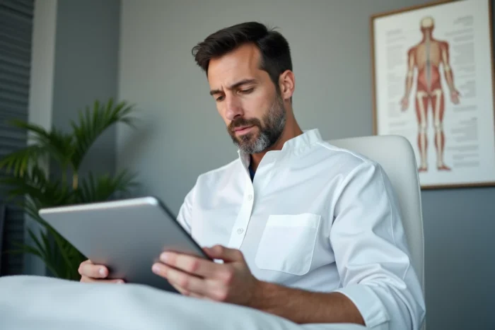 Thérapeute professionnel en consultation médicale étudiant des techniques de massage sur tablette