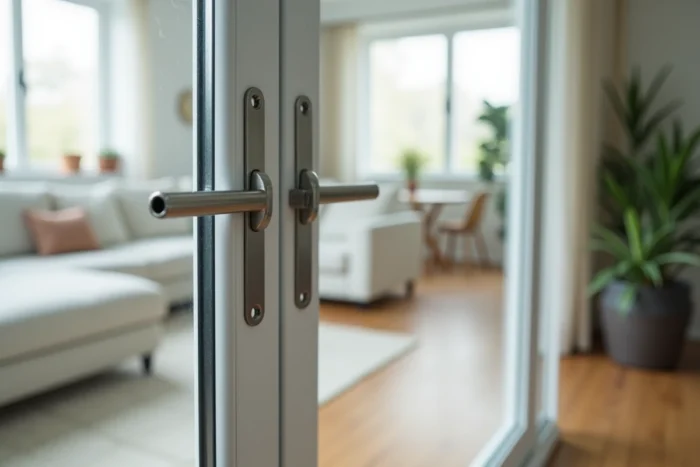 Gros plan sur un verrou de sécurité et un film anti-effraction sur une fenêtre pour renforcer la protection d'une maison