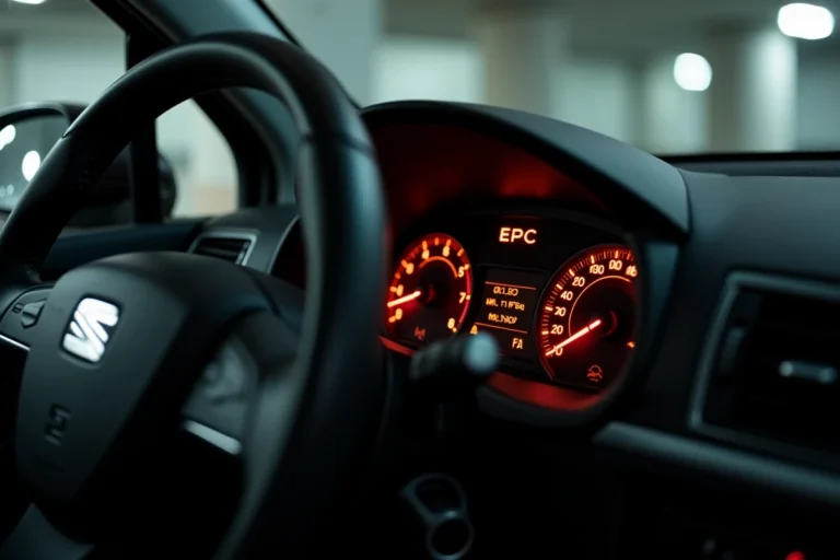 Voyant EPC allumé sur le tableau de bord d'une Seat Ibiza en stationnement souterrain