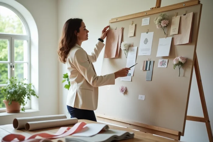 Wedding planner professionnelle examinant un tableau d'inspiration pour un mariage dans un espace lumineux aux fenêtres arquées